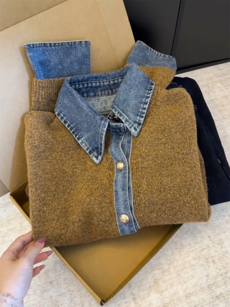 

Retro Korean Sle Denim Patchwork Knitted Open Cardigan plus Size Versatile Slimming Top for Women Winter 2025 New Arrival