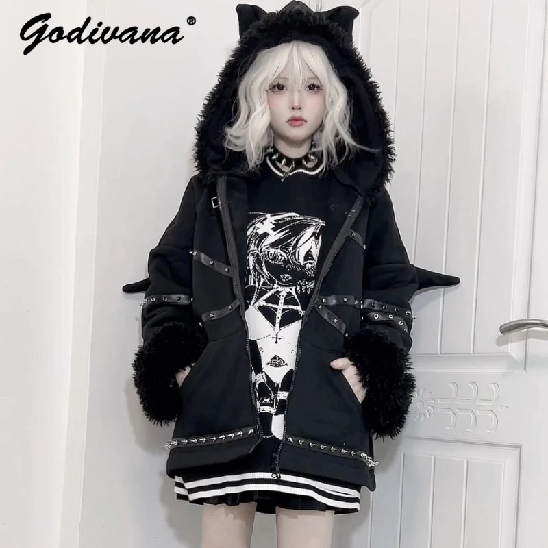 

Asian Culture Punk Y2K Hot Girl Dark Rivet Hooded Zipper Jacket Female Winter Plus Velvet Cotton Clothes Warm Black Parkas Coat