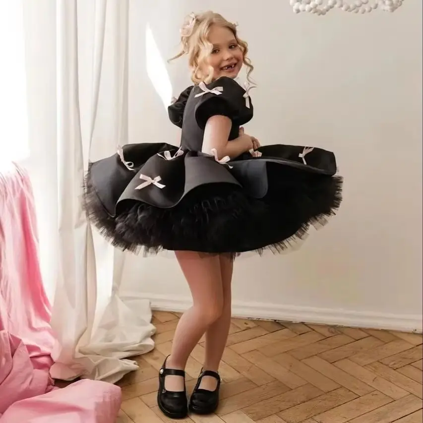 Luxury Lolita Satin Short Puffy Girls Princess Dress Bows Tulle Flower Girl Gown Toddler 1st Birthday Party Photoshoot Gown