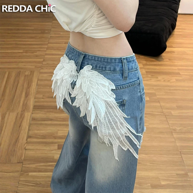 

REDDACHiC Women Wide Leg Destroyed Jeans Vintage Angel Wings Applique Distressed Denim Long Trousers Casual Hiphop Streetwear