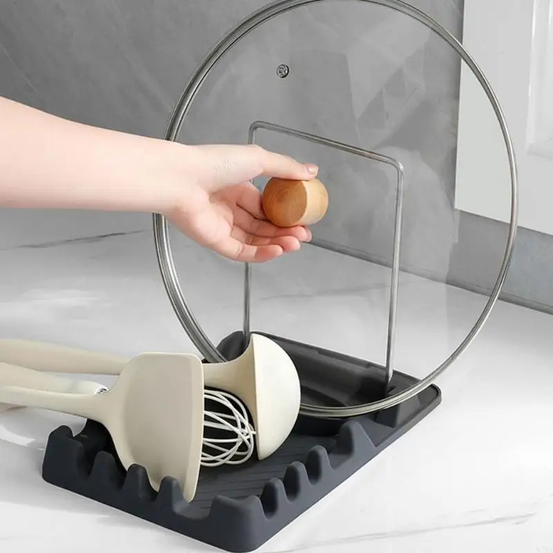 Folding Pot Cover Rack and Spoon Rest with Metal Frame, Partitioned Tray Stand for Kitchen Counter, Stove Area and Sink Area Use