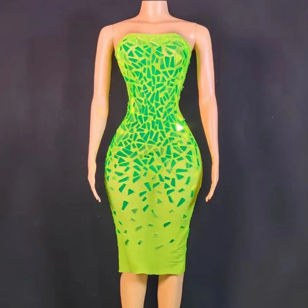 

Women Sexy Stage Green Mirror Strapless Transparent Dress Evening Dance Show Singer Dress Birthday Celebrate Photo Shoot Costume