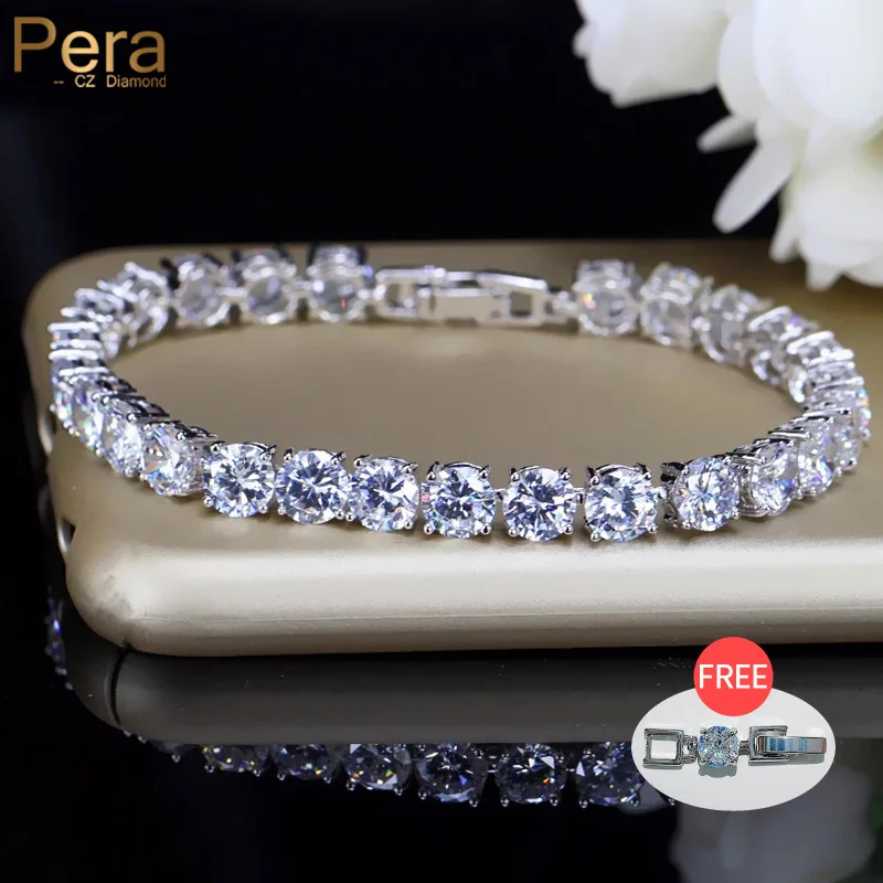 Pera Classic 0.5 Carat Round Shape Connected Cubic Zirconia Stone Silver Color Women Wedding Bracelets Jewelry For Gift B015