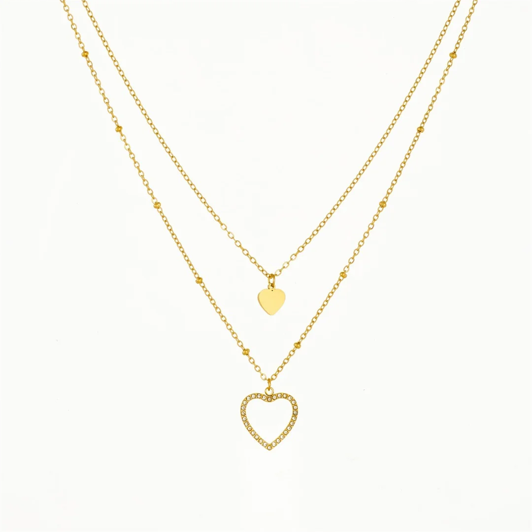 

Punk Fashion Love Heart Charm Pendant Female Gold Color Stainless Steel Double Layered Chain Link Necklace for Women Jewelry