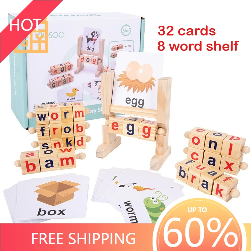 

Building Blocks Game with 32 Cards Wooden Word Spelling Game Alphabet Learning Toys for Preschool Boys and Girls Letters Reading