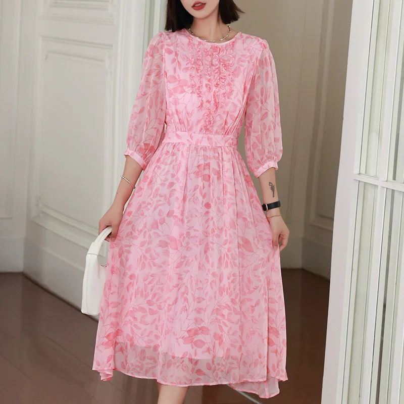 Floral Imitation Mulberry Silk Dress Print Round Neck Temperament Woman Long Skirt Fashion Pink Lady Dress