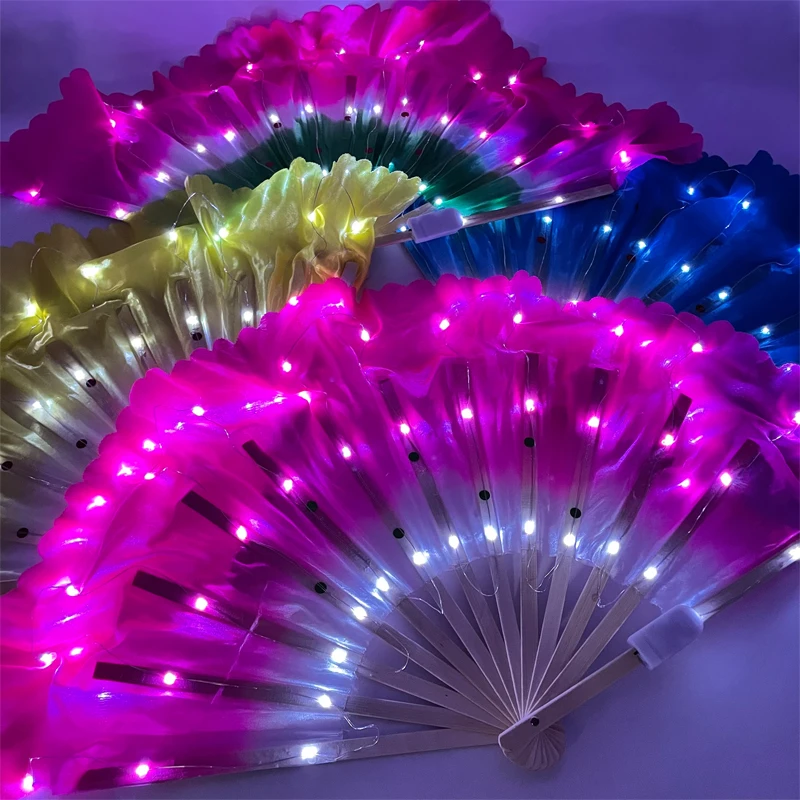 13inches Short Silk Belly Dance LED Light Silk Hand Fan Glowing Dance Fan Performance Stage Props Belly Dancing Accessories