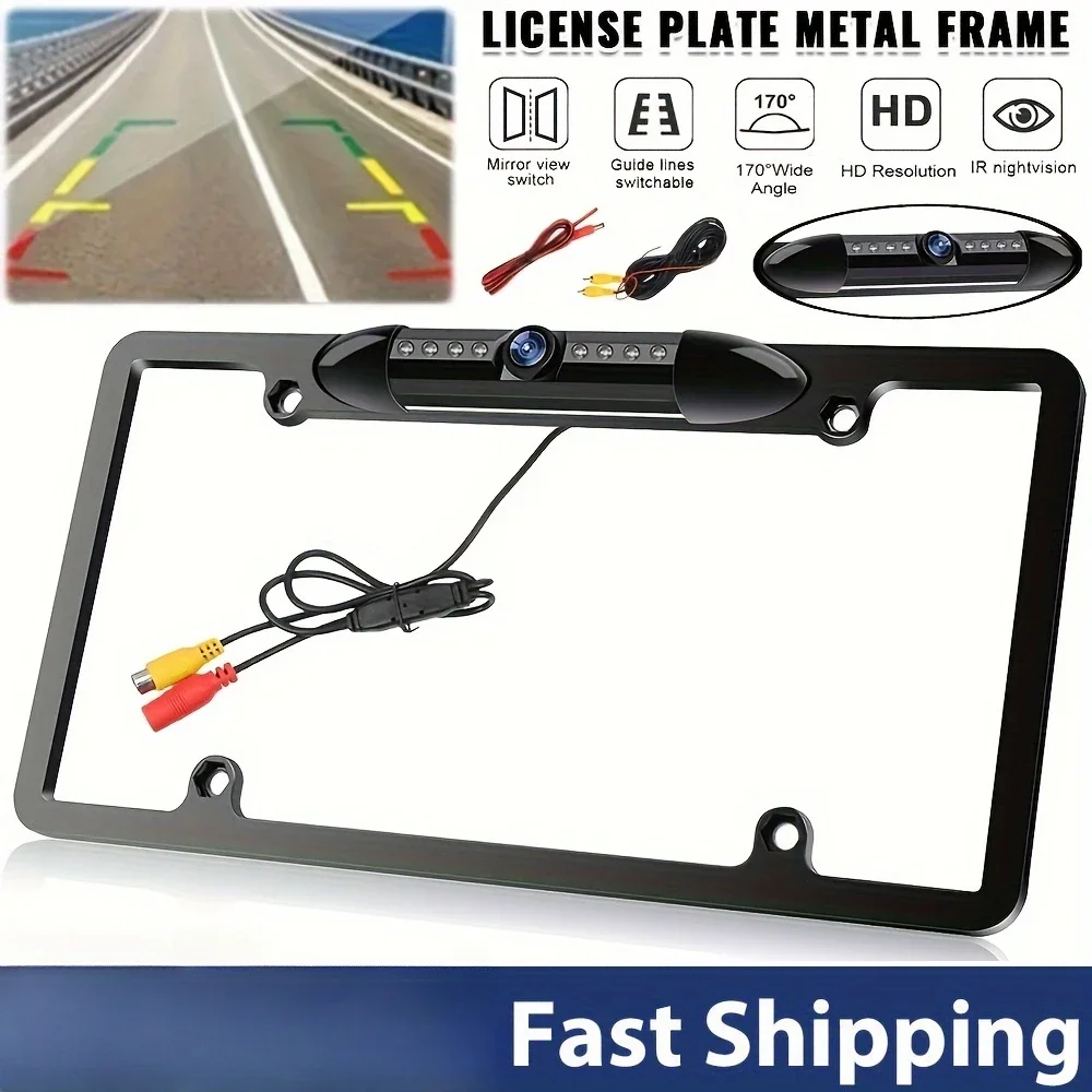 

US License Plate Metal Frame Rear View Backup Camera CMOS HD LED Night Vision
