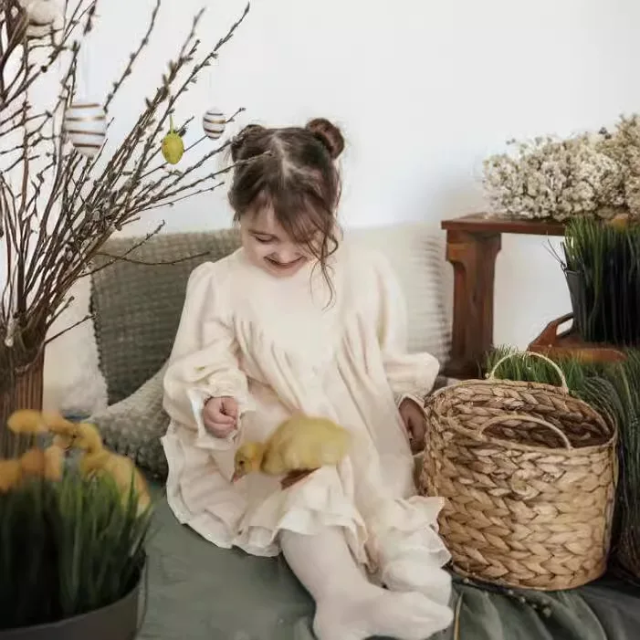 

Children's Spring Linen Girls British Style Simple Russian Retro Stitched Casual Princess Dress