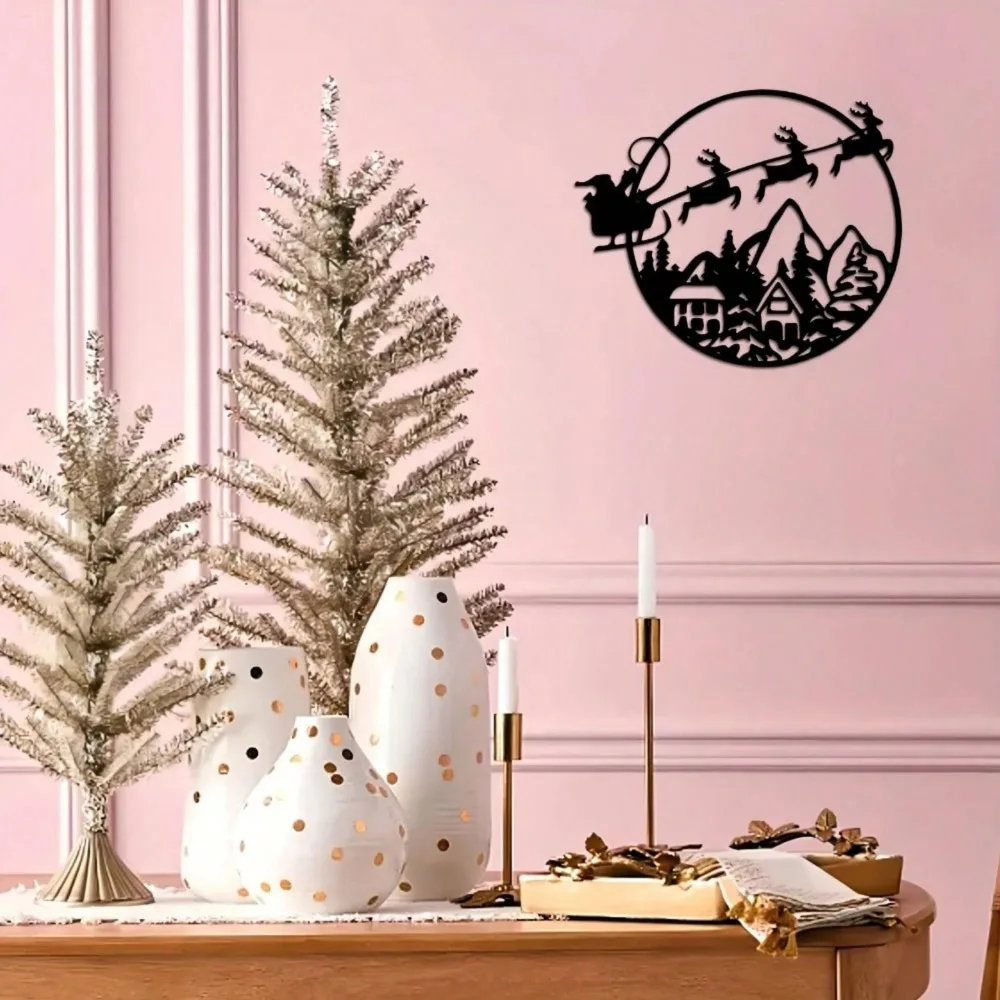 Metal Santa Sleigh Reindeer Wall Art Hanging Christmas Home Decor Gift