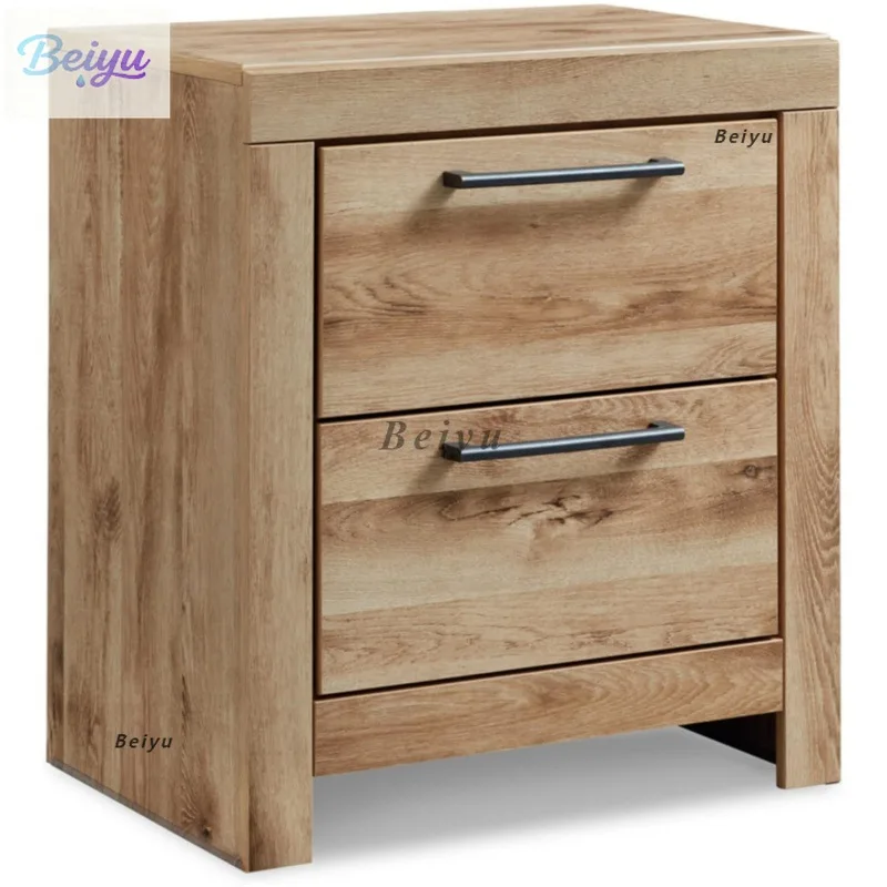 

Light brown farmhouse bedside table Country style double drawer bedside table with two charging ports, suitable for families