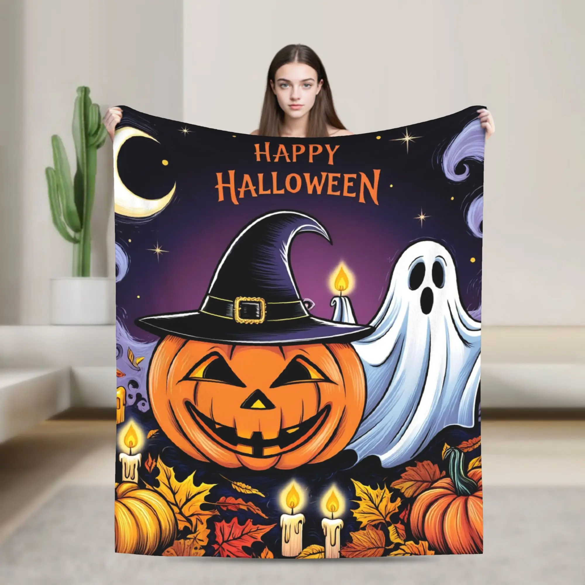 Happy Halloween Ghost Coral Fleece Plush Throw Blankets Fall Pumpkin  Blankets for Bed Travel Super Soft Bed Rug