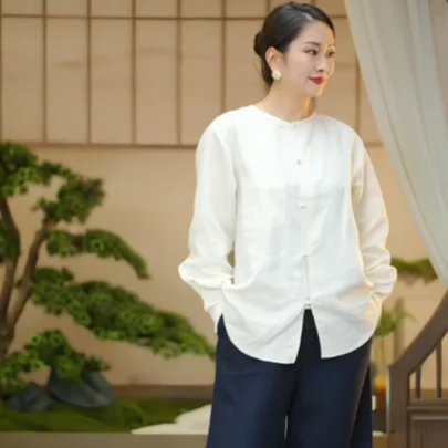 

New Sle irt Top Loose Fit Long Sve round Ne Single Button Closure Traditional Chinese Clothing Women's Faion