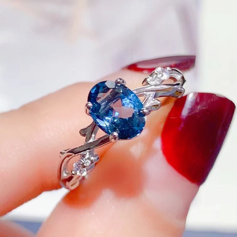 

London Blue Natural Topaz Ring with Certificate 5mm*7mm 0.7ct Genuine Topaz 925 Silver Ring Girl Friend Birthday Gift
