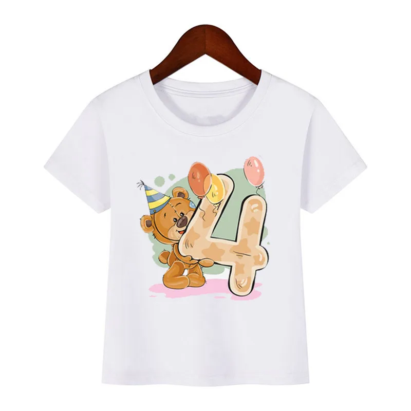 Boy Girl Birthday Bear Number 12 3 4 8 9 Bow Print T shirts Baby Cute Cartoon Funny Round Neck Girls T-shirt Best Birthday Gift