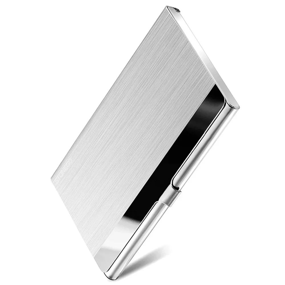 Hochwertiger, ultradünner Visitenkartenhalter aus Edelstahl – silberfarbenes Metall-Etui für Herren und Damen, schlichtes Design, passend für die Geldbörse. – Detail 1