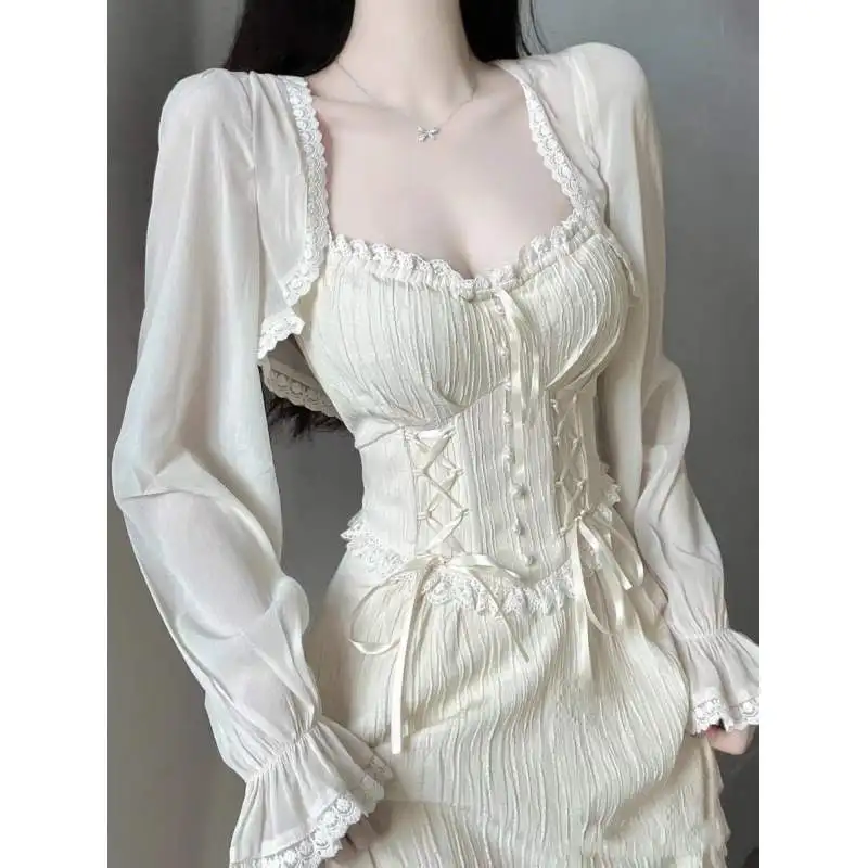 Fairy Skirt Design Tea Break Sensation Pure Desire Strap Dress Two Piece Set Women Summer Long Sleeve Polyester Fashion Set
