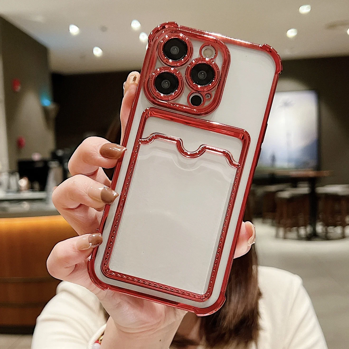 Luxury Plating Transparent Wallet Card Holder Phone Case For iPhone 15 14 13 12 11 Pro Max Plus Card Slot Shockproof Soft Cover