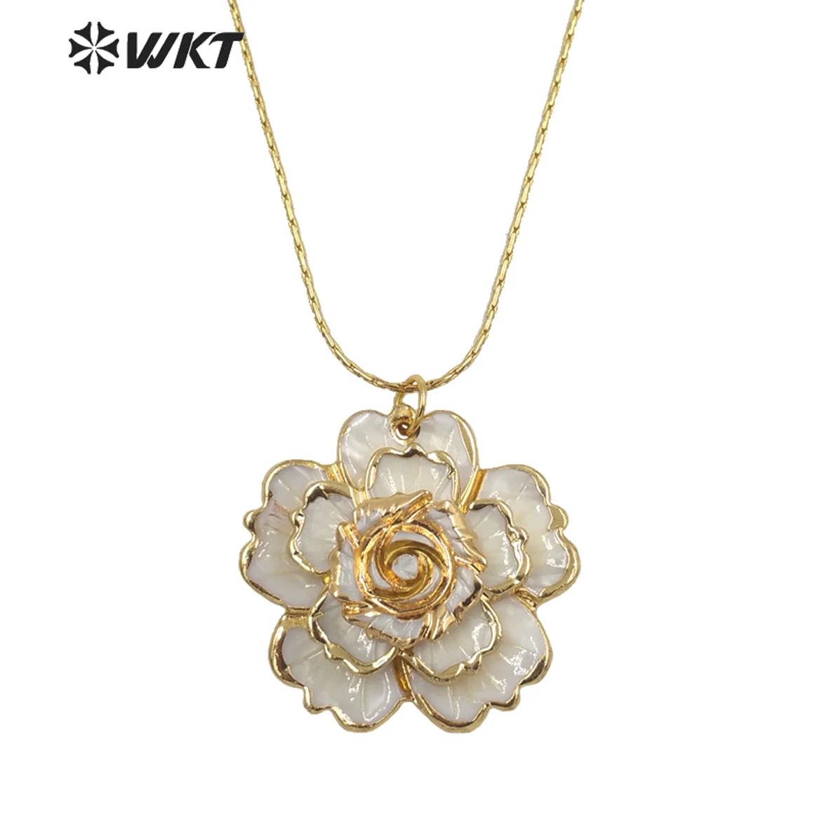 WT-JN143 Newest Fashion Gold Plated Hand Carved White Shell Made Rose Pendant Necklace Big Flower Decorated