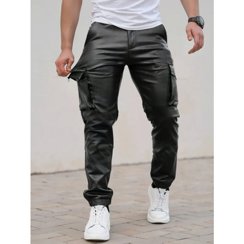 Men's Spring and Autumn Faux Leather Pants 2026 New Slim Casual Long Pants Mens Motorcycle PU Leather Trousers Pencil Pants