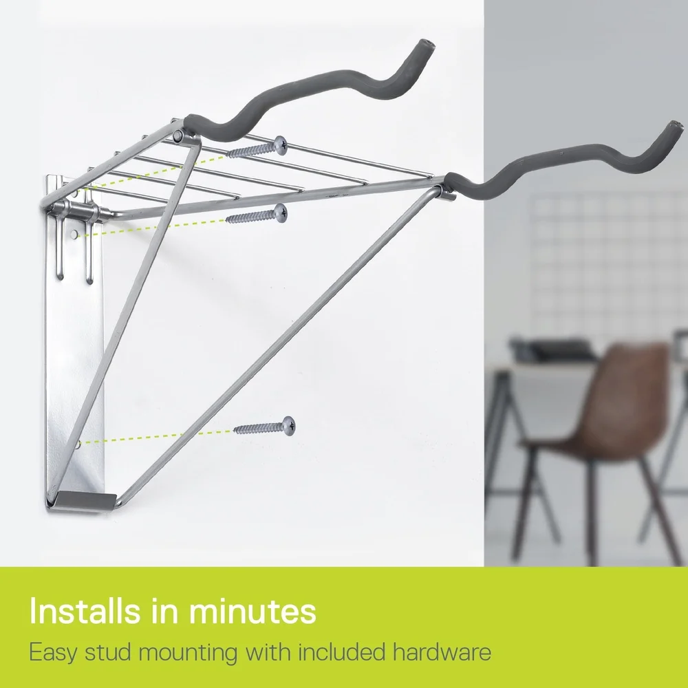 Foldable Bike Rack Garage Wall Mount 2 Bikes Includes Storage Shelf and Accessory Hooks Durable Steel Construction Space Saver