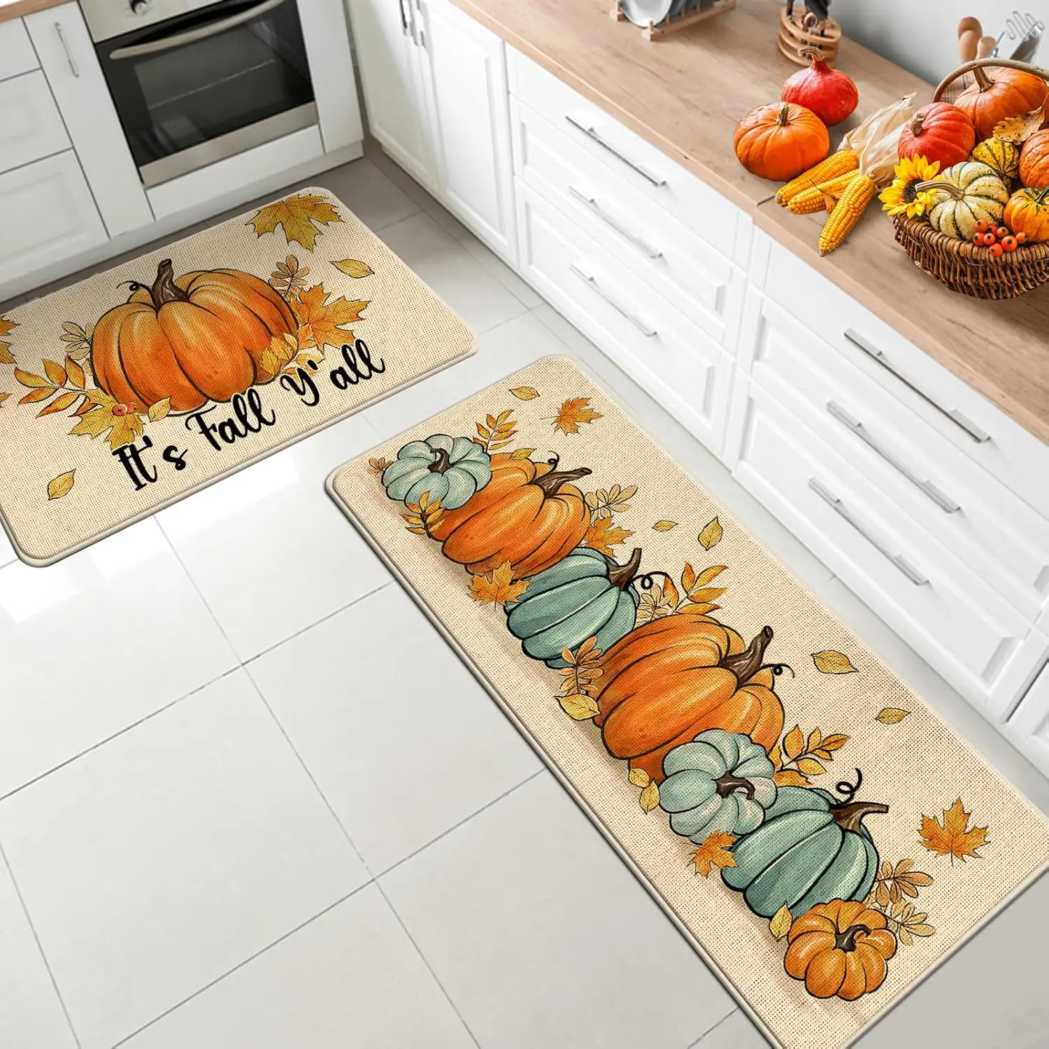 It's Fall Y'all Pumpkin Kitchen Rugs Autumn Maple Leaves Living Room Entrance Non-slip Floor Mat Thanksgiving Carpets Home Decor