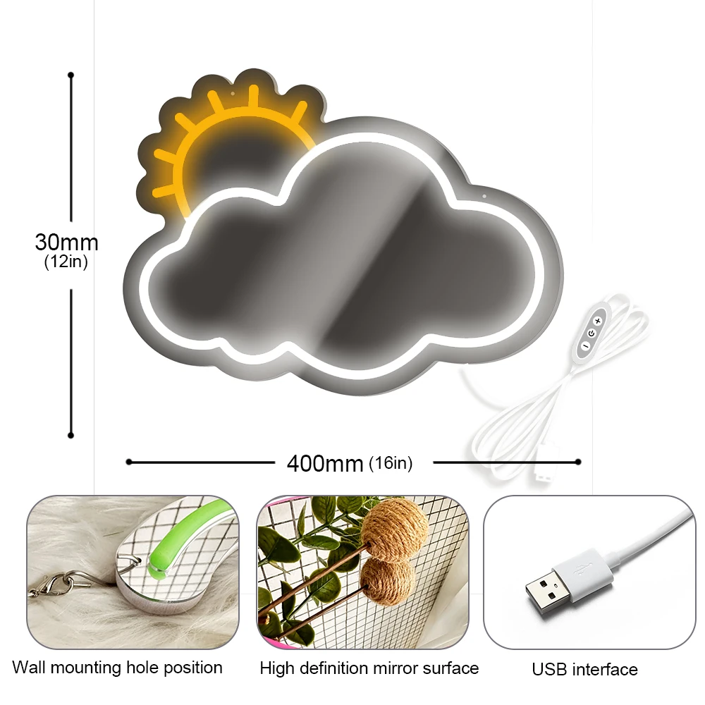 Cloud Neon Mirror Sign for Wall Decor, 16’’x12’’ USB Powered Dimmable LED Cloud and Sun Mirror Light Sign for Bedroom, Kids Room