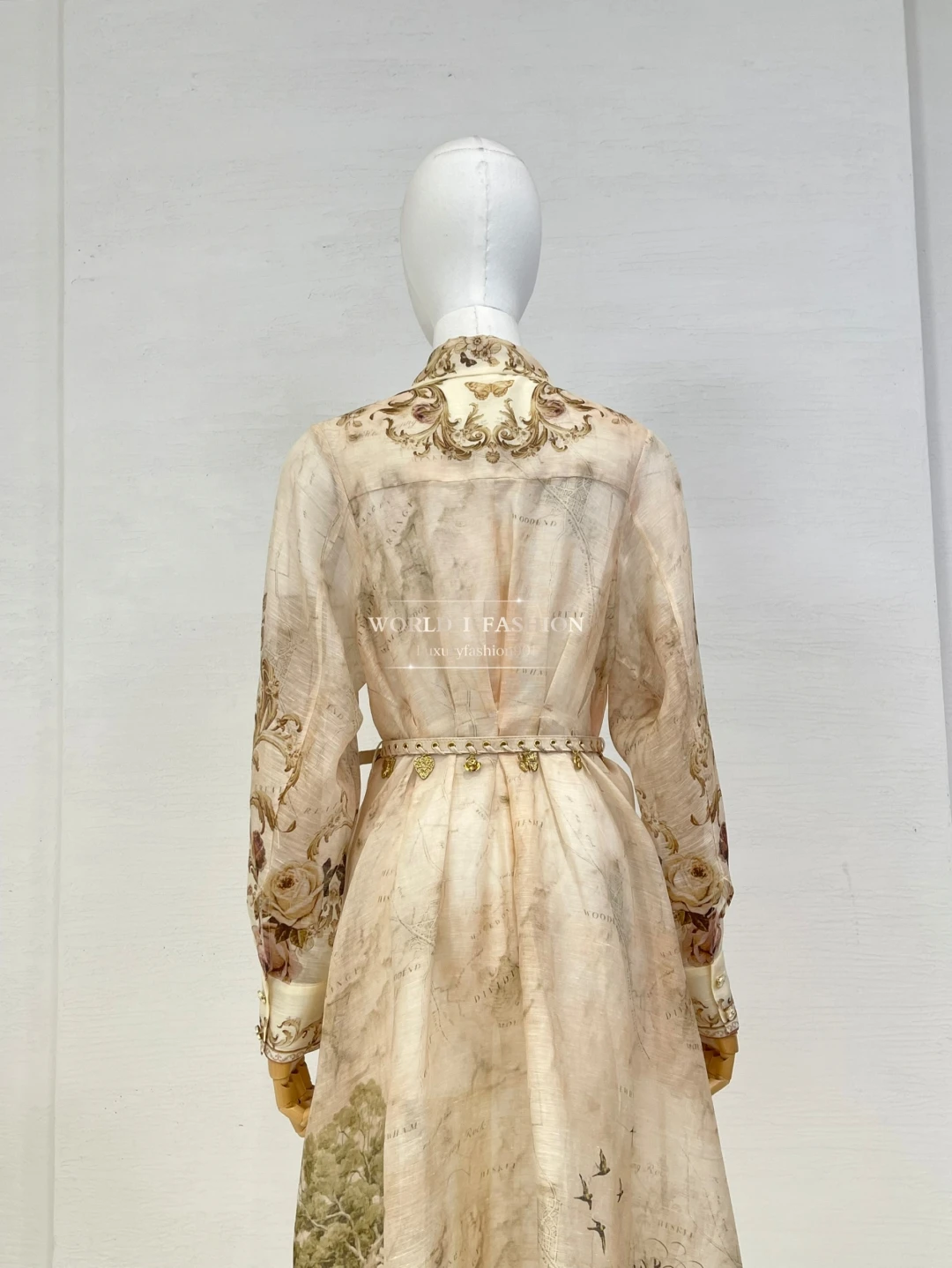 Женское платье миди с длинными рукавами и принтом бежевого розы 2025 г.