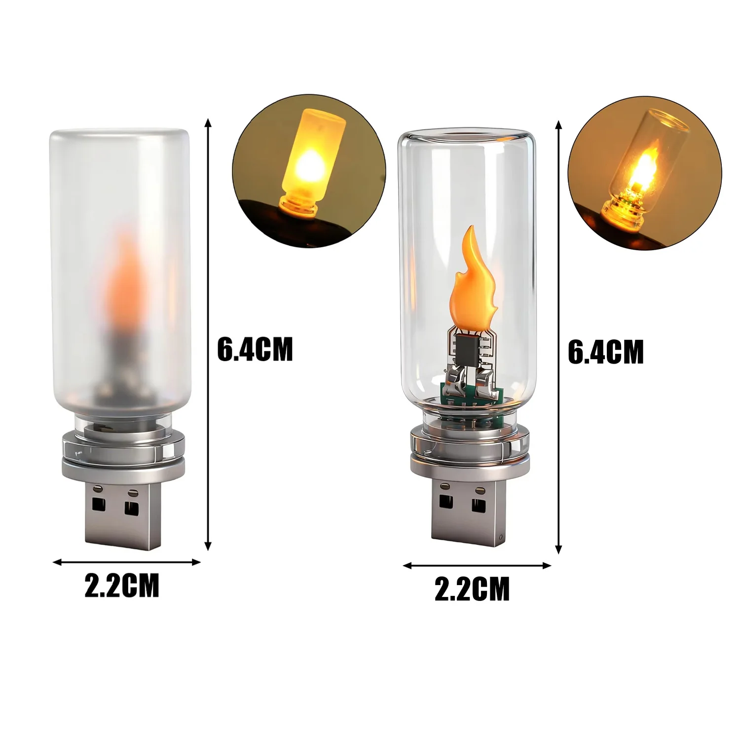 Luz Noturna USB LED Tipo Chama com Vidro Fosco Transparente, Luz Dinâmica Cintilante para Iluminação de Ambiente em Carros e Lâmpada para Casa