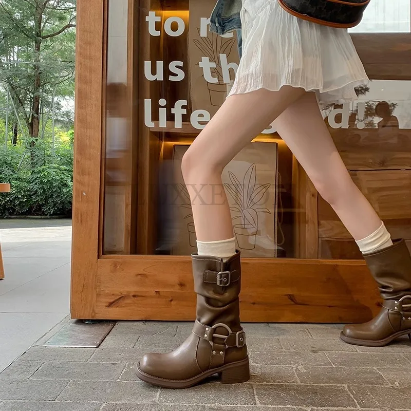 Mid Calf Women\'s Motorcycle Boots Street Style Woman Punk Winter Boots Leather Riding Equestrian Boots with Buckle Botas Mujer