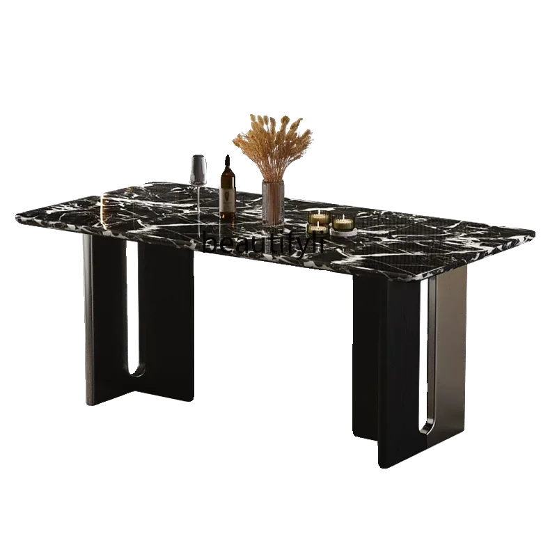 

French Black Marble Dining-Table Light Luxury Modern Simple High-End Stainless Steel Small Apartment Rectangular Home