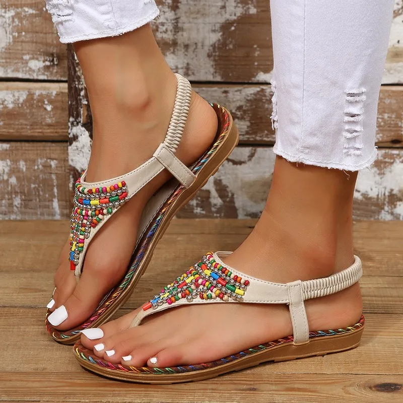 Luxury Bohemian Style Flat Sandals For Women Summer Clip Toe Gladiator Sandals Woman Plus Size Soft Bottom Beach Sandalias Mujer