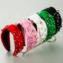 Cross Border Fashion Trend New Pearl Headband Korean Version Knotted Fabric Pearl Heart Glass Biamond Red Hair Accessory