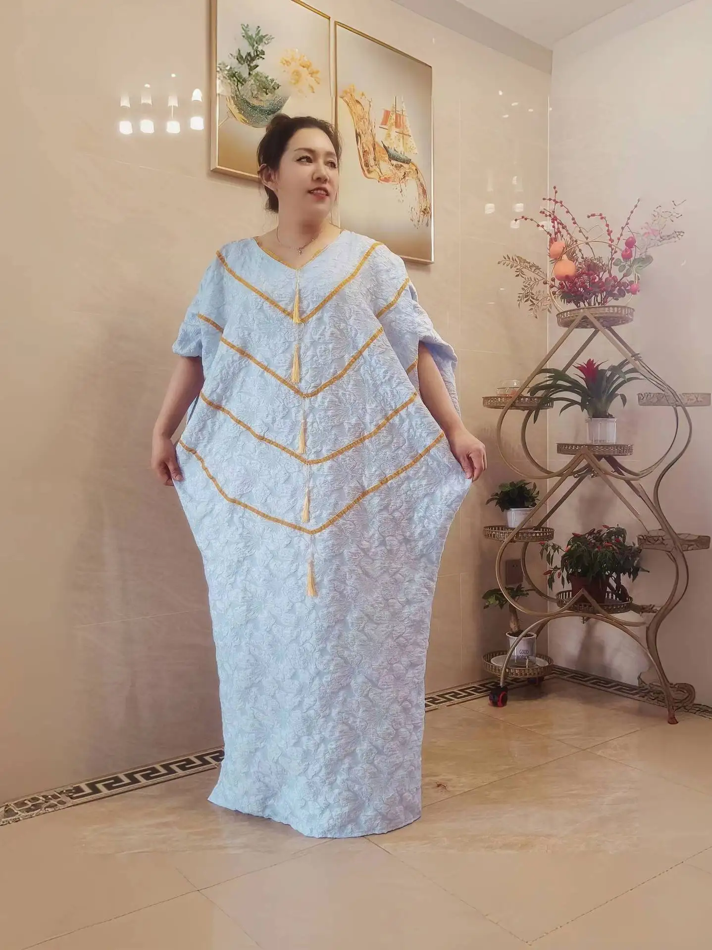 African Clothes For Women 2024 Spring Summer Africa Clothing Plus Size V Neck Bat Sleeve Tassels Maxi Dress Turkey Robe Africain