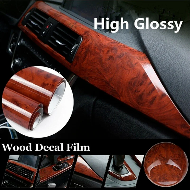 Pegatina autoadhesiva de protección para coche, película de bricolaje para decoración Interior de coche, grano de madera de alto brillo, accesorios