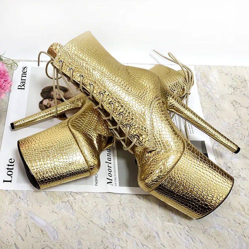 

Sexy Women's Boots Mid Calf High Quality Golden Nightclub Sexy Pole Dance Model Stage 20CM Stiletto Lace Up Women Shoes Green