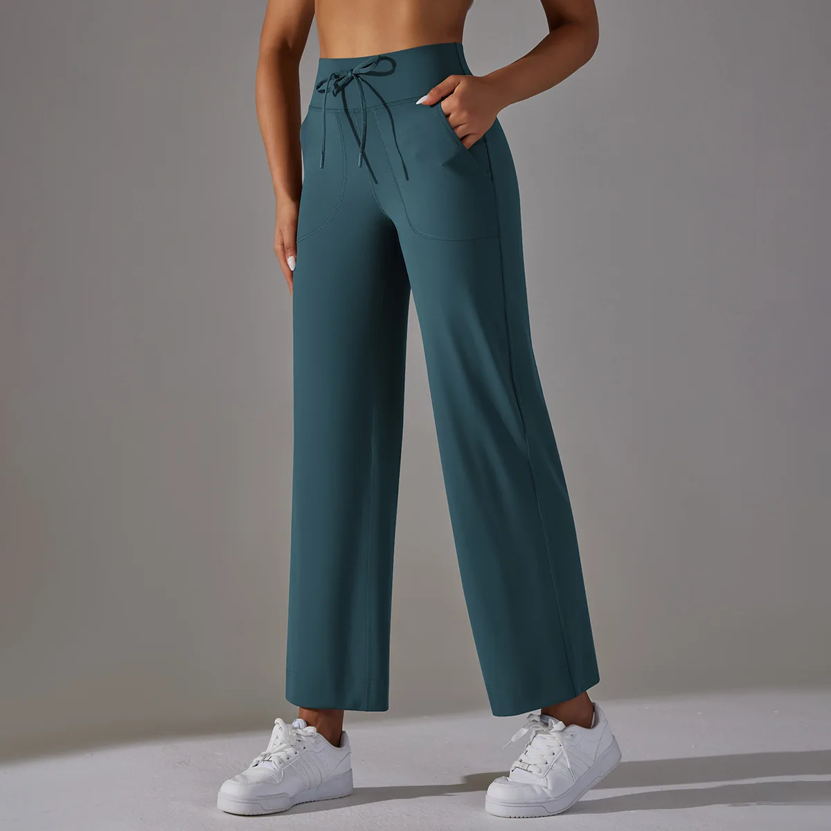 Wide Leg Pants With Pockets Drawstring Push-up Sports Trousers High Waist Women Flared Yoga Leggings For Fitness Running Joggers