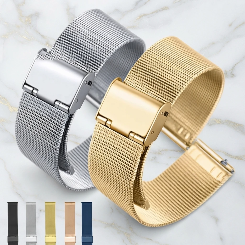 Mesh-Uhrenarmband aus Metall, Schwarz, mit Schnellverschluss, Edelstahl, Smartwatch-Armband, Ersatzarmband für Herren und Damen