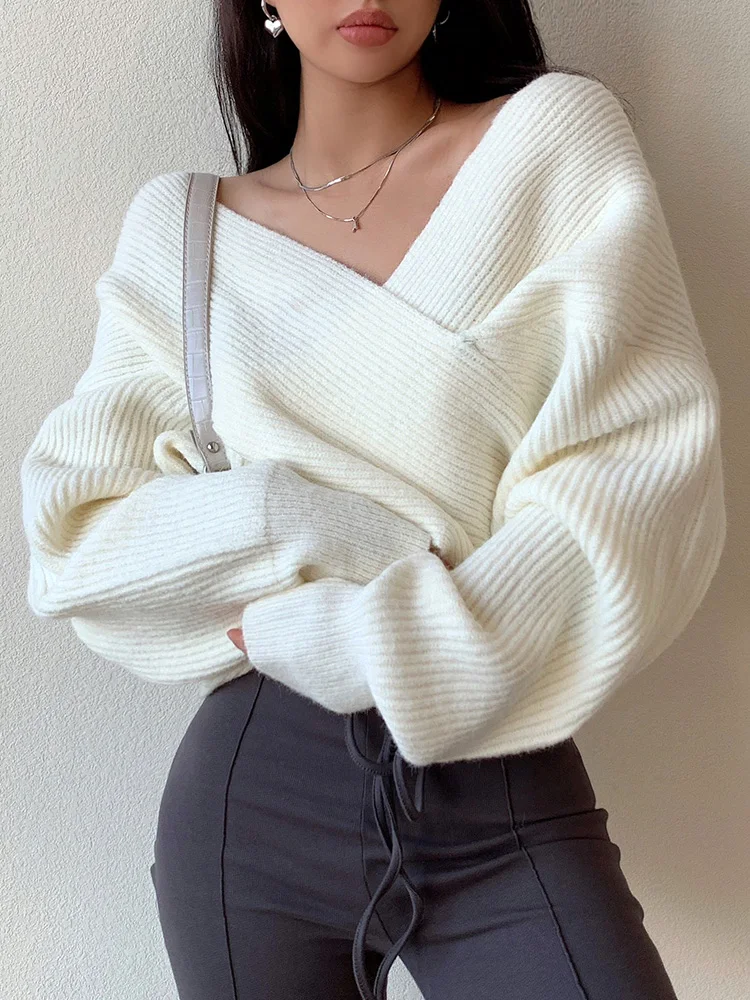 

Liviahome Spicy Crossed Свободный женский трикотаж Sexy Street Sle V-Ne ort Sve Long Sve Осень-Зима Топ