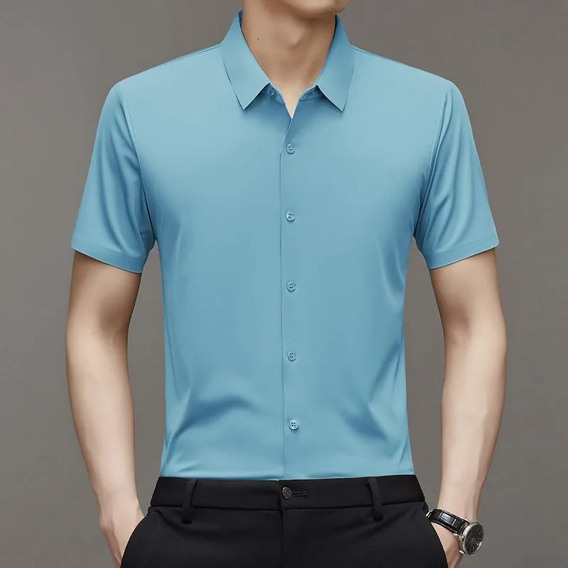 Men's Ice Cool Dress Shirts Business Wrinkle Resistant No-iron Tops & Tees Trendy High End Man Short Sleeve Shirt Summer Clothes