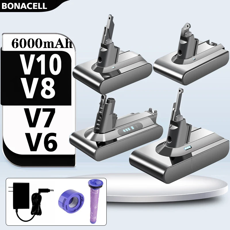 Batería de repuesto de 6000mAh para Dyson V7 V8 V10 V6 21,6 V Li-Ion, Compatible con aspiradora de mano original con filtros