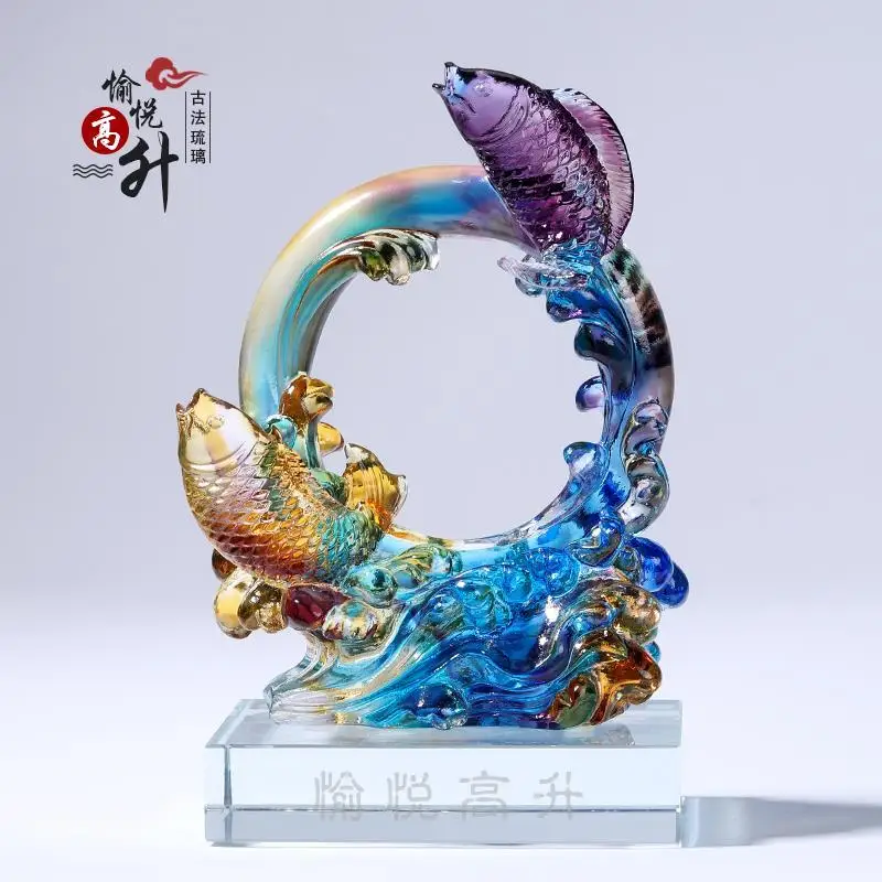 Glass double fish arts and crafts decoration living room vestibule decoration opening housewarming gift purple yellow send