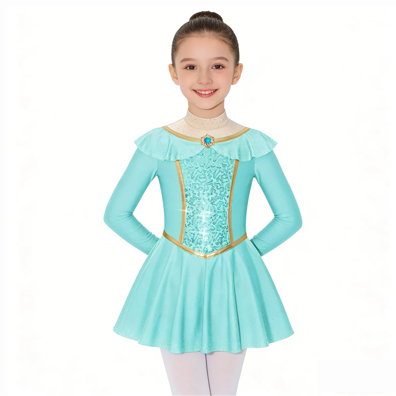Kids Girls Turquoise Ballet Dance Performance Dress Gold Trim Princess Costume Sparkly Rhinestones Sequins Decor Tutu Dress