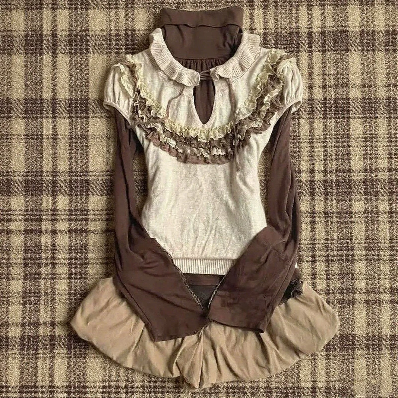 

Y2k Vintage Autumn Long Sleeve 3 Piece Short Sets Blouse Women Casual Sweet Edible Tree Fungus Patchwork Pure Color 2025