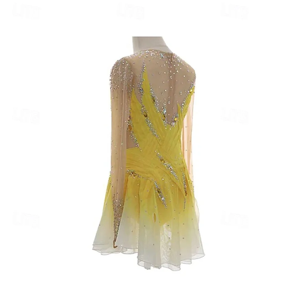 فستان التزلج على الجليد للفتيات باللون الأصفر المرقعة بفتحة إبهام شبكية من الألياف اللدنة القابلة للتمدد للتدريب على التزلج الاحترافي