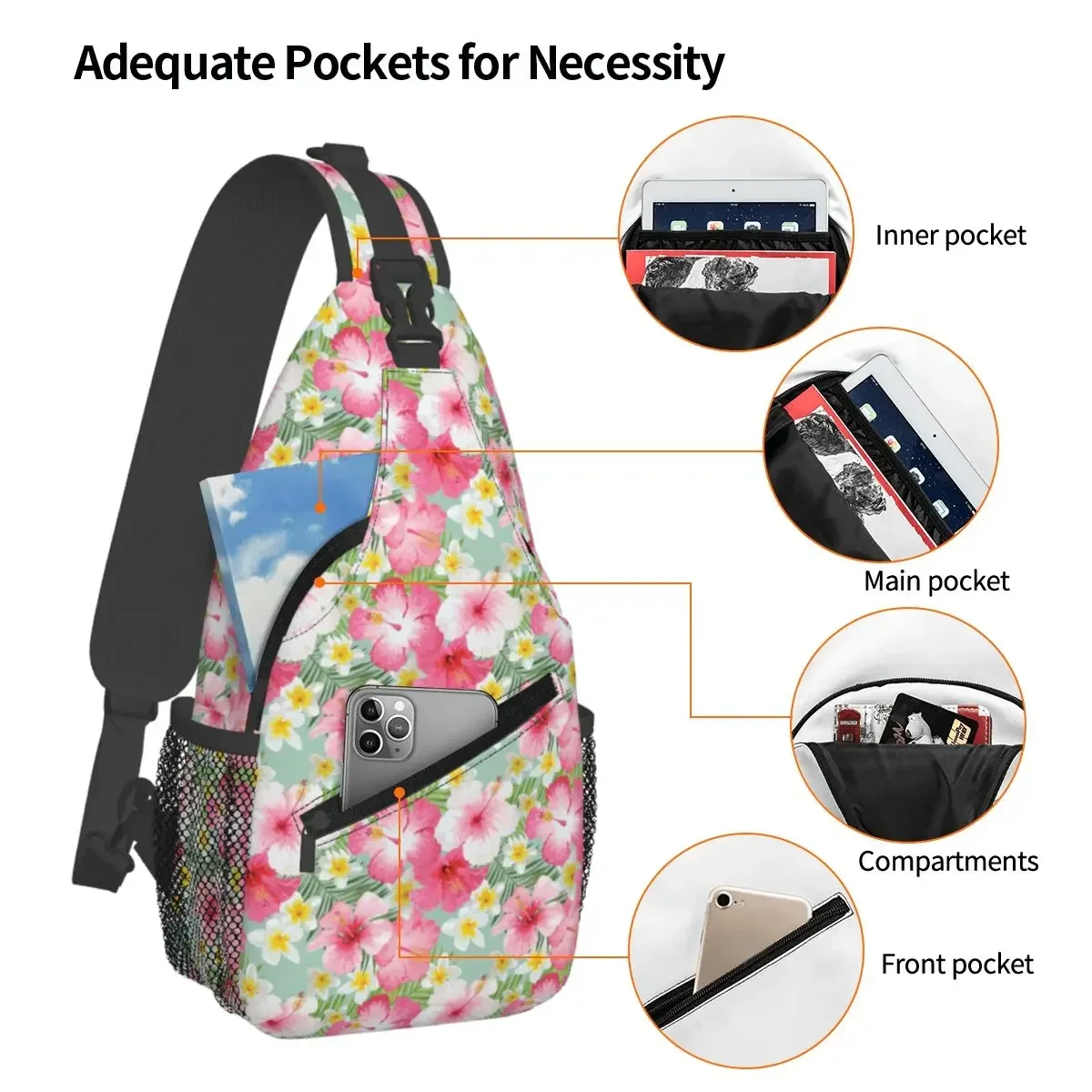 Tropical Hibiscus And Plumeria Flowers Chest Bag Men Sling Crossbody Backpack Chest Bag Travel Hiking Daypack Shoulder Bag