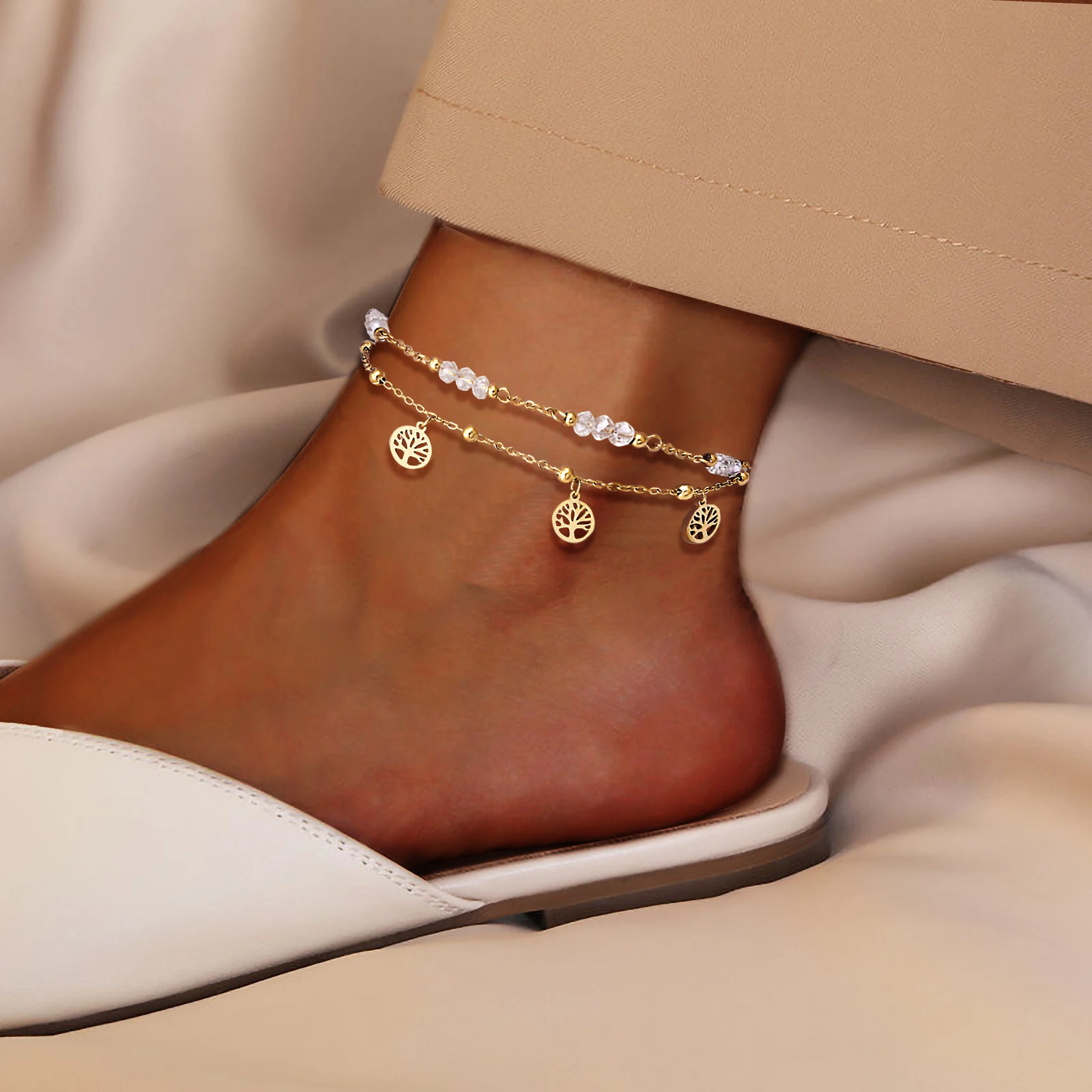 Baum des Lebens Anhänger mehr schicht ige Kristall perlen Edelstahl Damenmode Schmuck Geschenk Sommer Strand Party Füße Kette