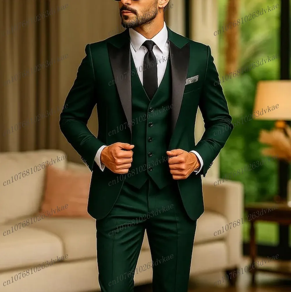

New Black Lapel Green Formal Business Men Suit Groom Groomsman Wedding Party Prom Male Tuxedos 3 Piece Set Blazer Vest Pants