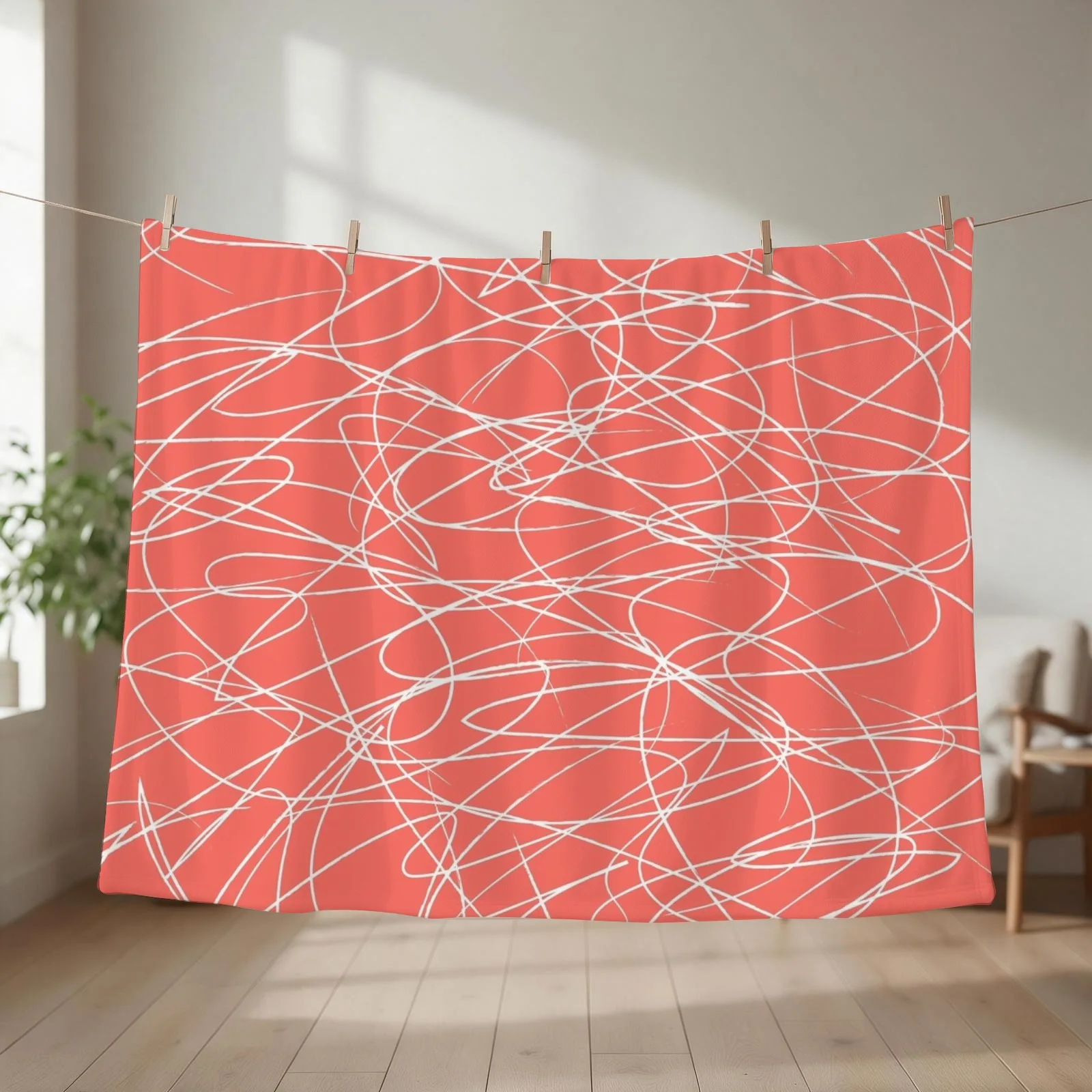 Hand Drawn Scribbles (Living Coral and White) Throw Blanket couch cozy soft plush fuzzy picnic outdoor blanket