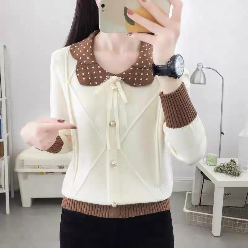 Maglione di fascia alta dopamina da donna colletto per bambola maculato fiocco dolce maglione pullover lavorato a maglia a maniche lunghe